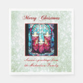 Groene Glitter Kerst Glas in lood Kaarsen Servet (Voorkant)