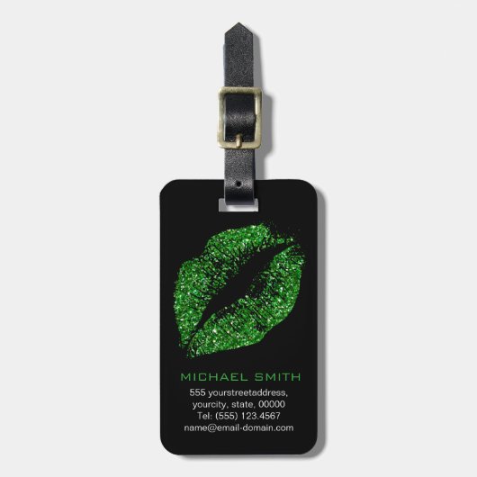 Groene Glitter Lips Bagagelabel (Voorkant verticaal)