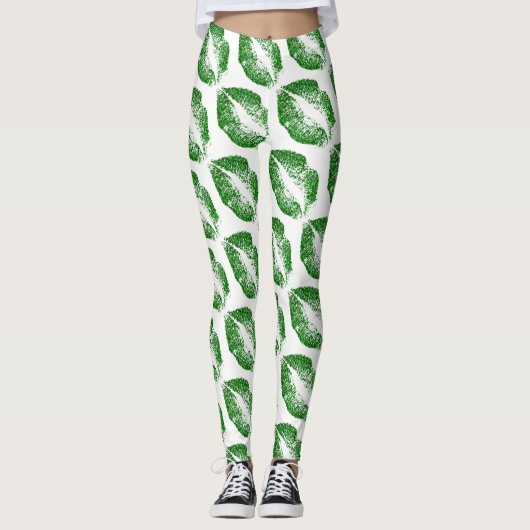 Groene glitter Lips Moderne White Leggings (Voorkant)