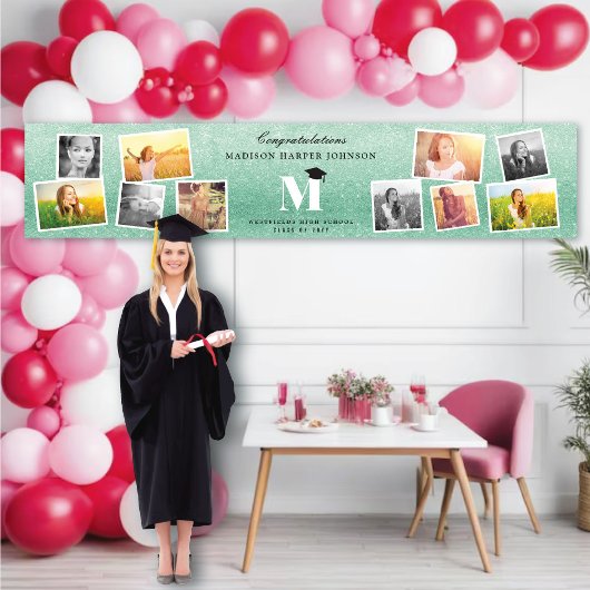 Groene Glitter Monogram 10 Foto Afstudeerfeestje Spandoek