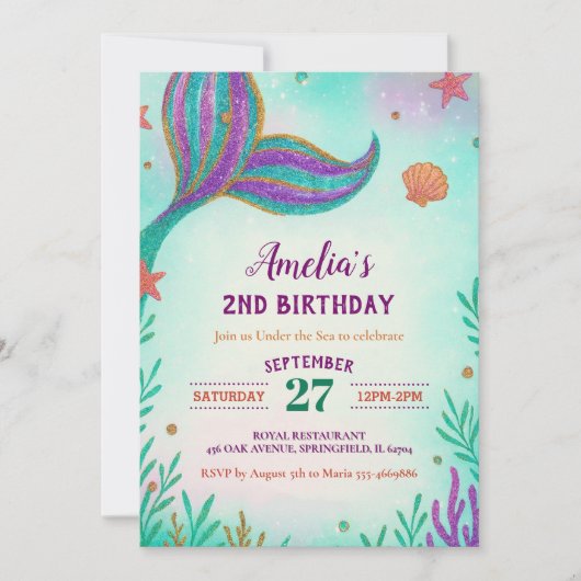 Groene glitter onder het Zee Mermaid Tail Birthday Kaart (Voorkant)
