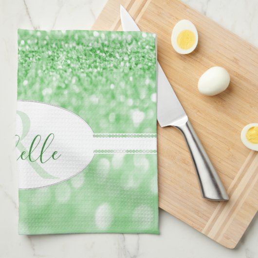 Groene Glitter Personalized Kitchen Towel Theedoek (Quarter Fold)