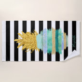 Groene Glitter Pineapple Black Witte Stripes Strandlaken (Voorkant)