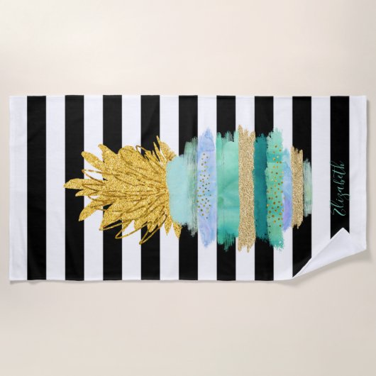 Groene Glitter Pineapple Black Witte Stripes Strandlaken (Voorkant)