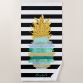 Groene Glitter Pineapple Black Witte Stripes Strandlaken (Voorkant)