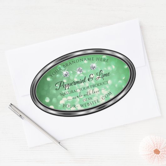 Groene Glitter-productlabels met Sparkle Diamonds Ovale Sticker (Envelop)