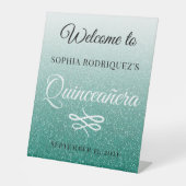 Groene Glitter Quinceañera 15th Birthday Welkom Reclamebord Met Voetstuk (Voorkant)