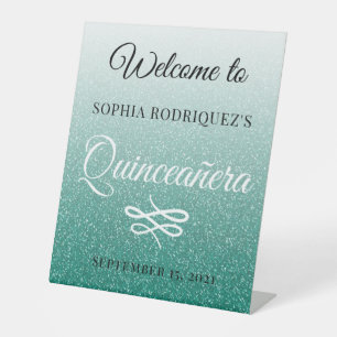 Groene Glitter Quinceañera 15th Birthday Welkom Reclamebord Met Voetstuk