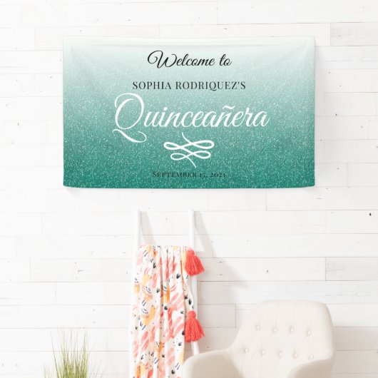 Groene Glitter Quinceañera 15th Birthday Welkom Spandoek (Insitu)