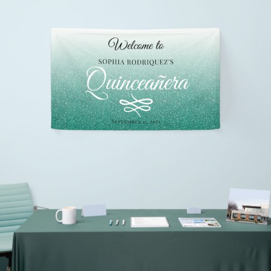 Groene Glitter Quinceañera 15th Birthday Welkom Spandoek (Beurs)