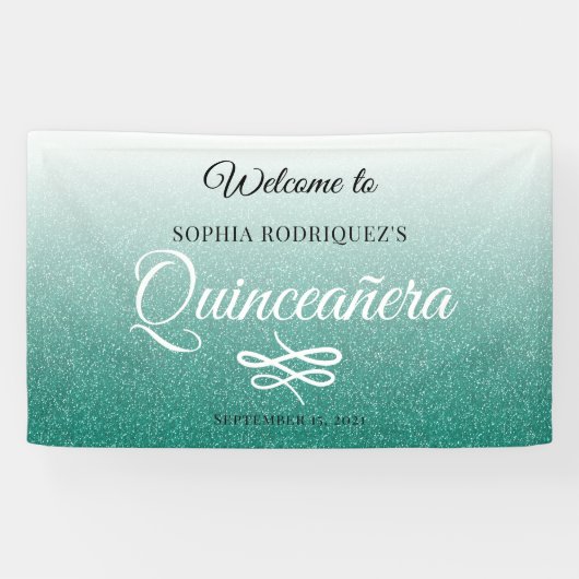 Groene Glitter Quinceañera 15th Birthday Welkom Spandoek (Horizontaal)