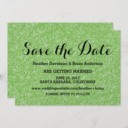 Groene Glitter Save the Date Uitnodiging (Voorkant / Achterkant)