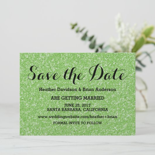 Groene Glitter Save the Date Uitnodiging (Staand voorkant)