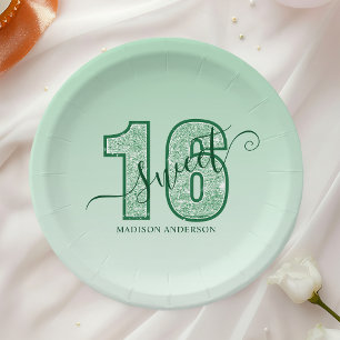 Groene Glitter Script Sweet 16 Verjaardag Papieren Bordje