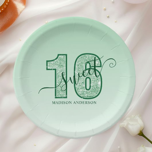Groene Glitter Script Sweet 16 Verjaardag Papieren Bordje