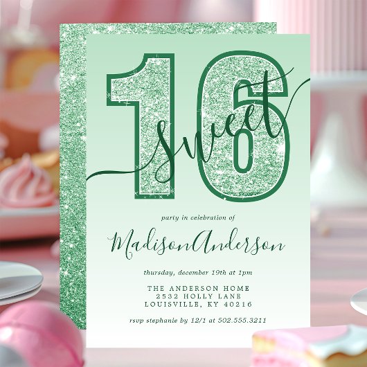 Groene Glitter Script Sweet 16 Verjaardagsfeest Kaart