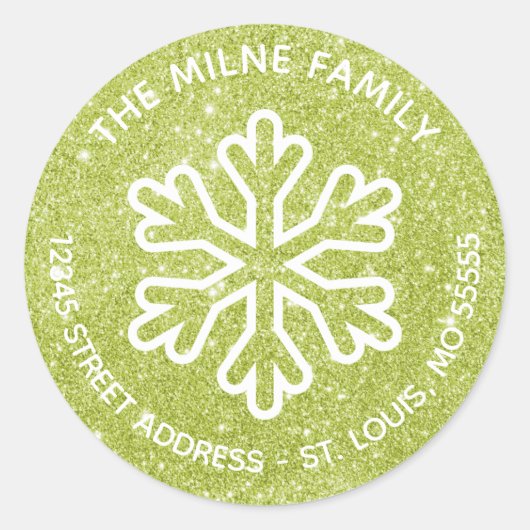 Groene Glitter Sneeuwvlok - Cirkel retouradres Ronde Sticker (Voorkant)