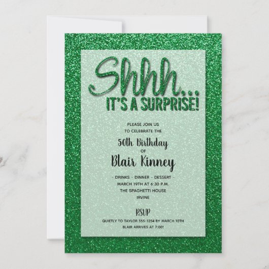 Groene Glitter SURPRISE Birthday Invitations (Voorkant)