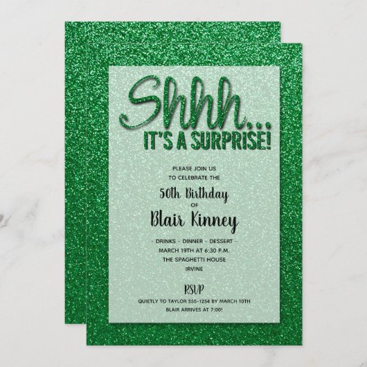 Groene Glitter SURPRISE Birthday Invitations (Voorkant / Achterkant)