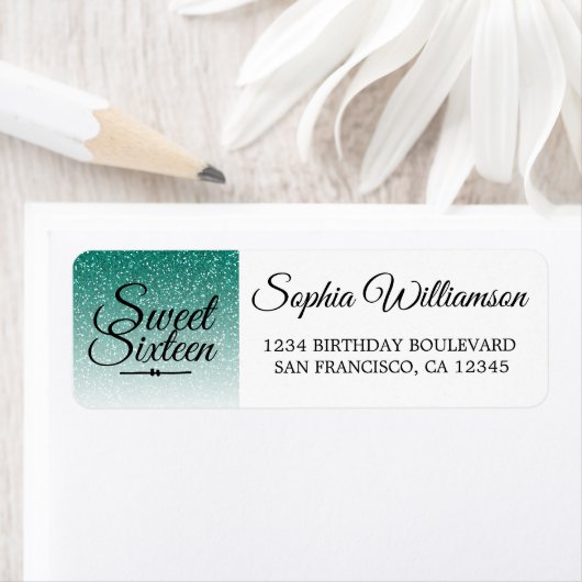 Groene Glitter Sweet 16 Verjaardag Retouradres Etiket (Insitu)
