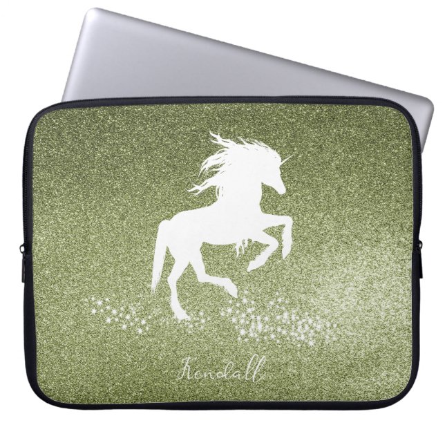Groene Glitter Unicorn-laptophoes Laptop Sleeve (Voorkant)