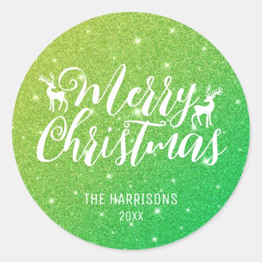 Groene Glitter Witte Typografie Rendier Kerstmis Ronde Sticker (Voorkant)