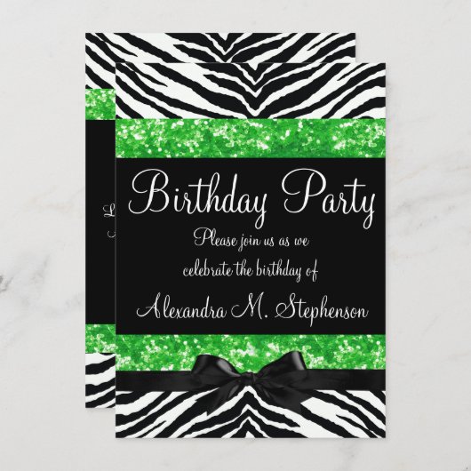 Groene Glitter Zebra Bow Custom Meisje Verjaardags Kaart (Voorkant / Achterkant)