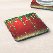 Groene Glitterdruppel Over Rood Achtergrond Bier Onderzetter (Linkerzijde)