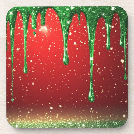 Groene Glitterdruppel Over Rood Achtergrond Bier Onderzetter (Voorkant)