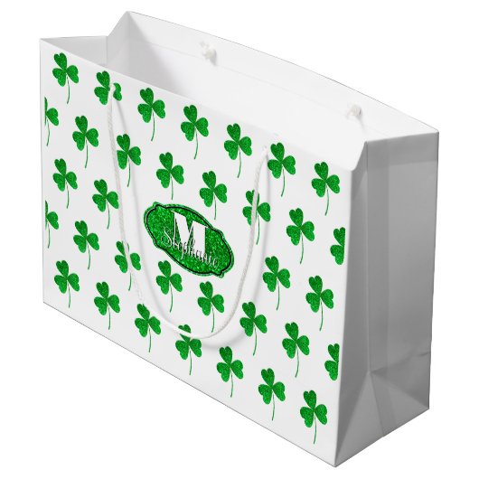 Groene Glitterende Klavertjes Monogram St. Patrick Groot Cadeauzakje (Achterkant Gekanteld)