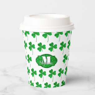 Groene Glitterende Klavertjes Monogram St. Patrick Papieren Bekers