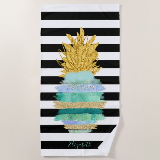 Groene Glitters Ananas Zwart Wit Strepen Strandlaken (Voorkant)