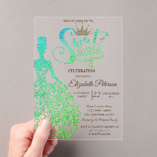 Groene glittersjurk, diamanten groene Sweet 16 Acryl Uitnodigingen