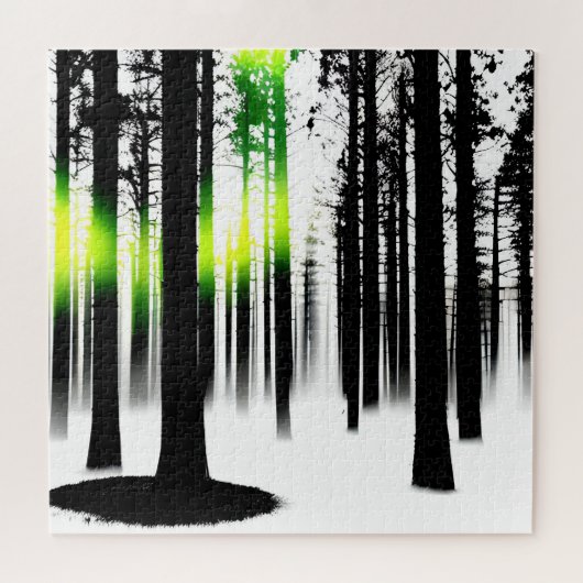Groene gloed in zwart-witte silhouet bomen legpuzzel (Horizontaal)