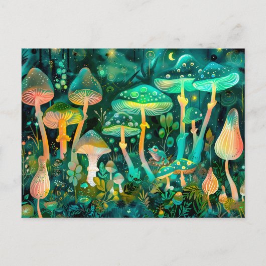 Groene gloeiende paddenstoelen in een groep 's nac briefkaart (Voorkant)