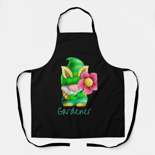 Groene Gnome Tuinman met Roze Bloem Schort (Voorkant)