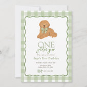 Groene Goldendoodle Gouden Jaar Eerste Verjaardag Kaart (Voorkant)