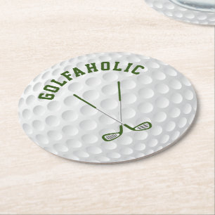 Groene golfbreker kruiste clubs aangepaste tekst ronde kartonnen onderzetter