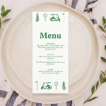 Groene Golflijn Tekeningen Menu<br><div class="desc">Voeg een vleugje sportieve sophisticatie toe aan uw speciale evenement met ons Golf Theme Menu. Dit menu is ideaal voor bruiloften, feesten of diners met een golfthema en biedt elegante waterverf-illustraties van golfclubs en greens, waardoor de charme van de fairway uw eetervaring ten goede komt. Gedrukt op hoogwaardig papier, toont...</div>