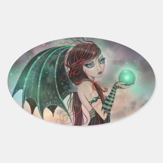 Groene gotische fee vampier fantasie kunststickers ovale sticker (Voorkant)