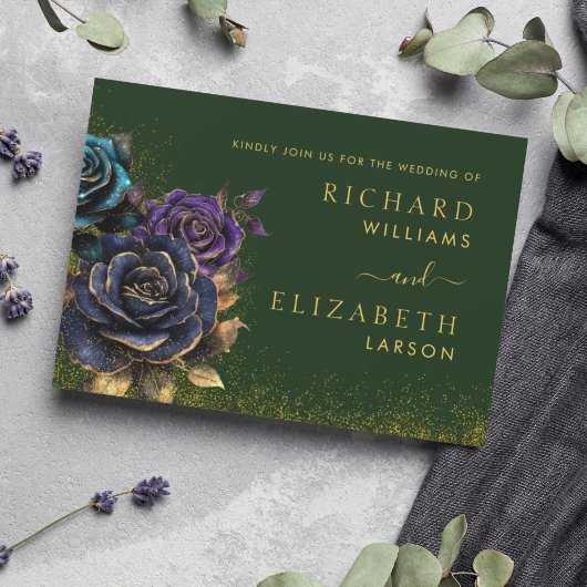 Groene Gotische Roos Glitter Bruiloft Uitnodiging