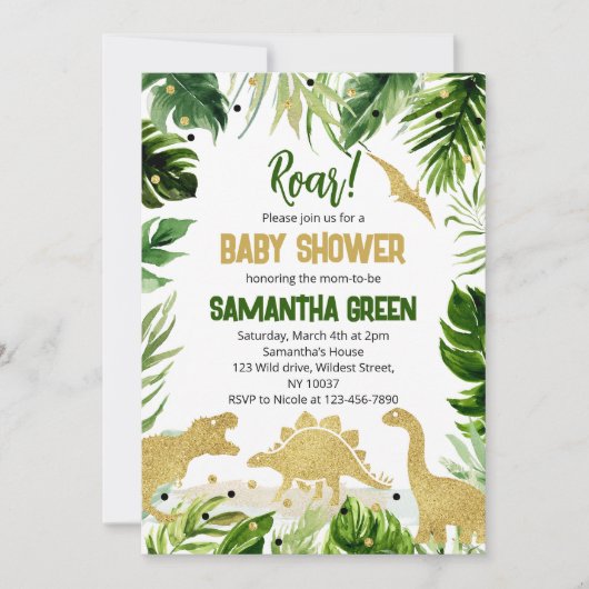 Groene Goud Dinosaurus Baby Shower Kaart (Voorkant)