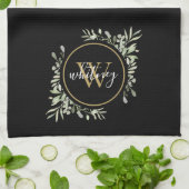 Groene goud monogram chic script zwart theedoek (Gevouwen)