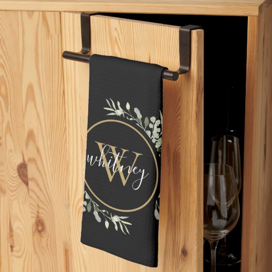 Groene goud monogram chic script zwart theedoek (Derde Gevouwen)