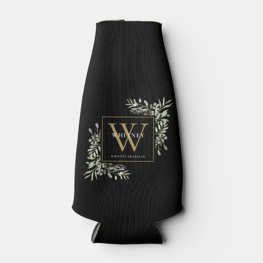 Groene goud monogram elegante zwarte moderne  flesjeskoeler (Voorkant)