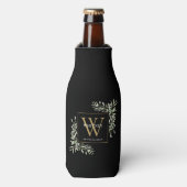 Groene goud monogram elegante zwarte moderne  flesjeskoeler (Fles Voorkant)