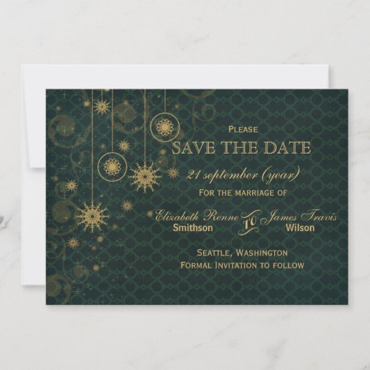 groene goud Snowflakes Winter behalve datum Save The Date (Voorkant)