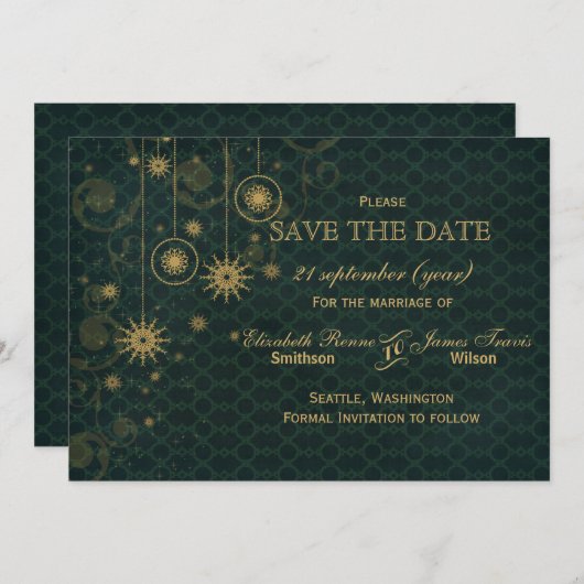 groene goud Snowflakes Winter behalve datum Save The Date (Voorkant / Achterkant)