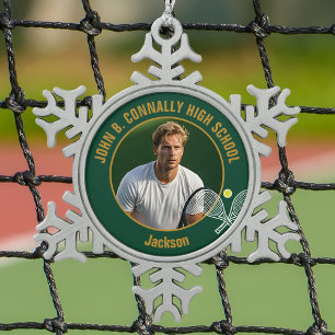 Groene Goud Tennisspeler Foto Middelbare School Tin Sneeuwvlok Ornament