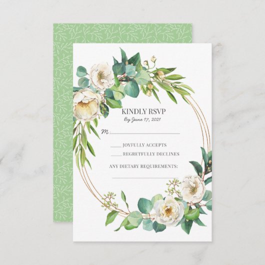 Groene Goud Witte Bloemen Bruiloft RSVP kaarten (Voorkant / Achterkant)